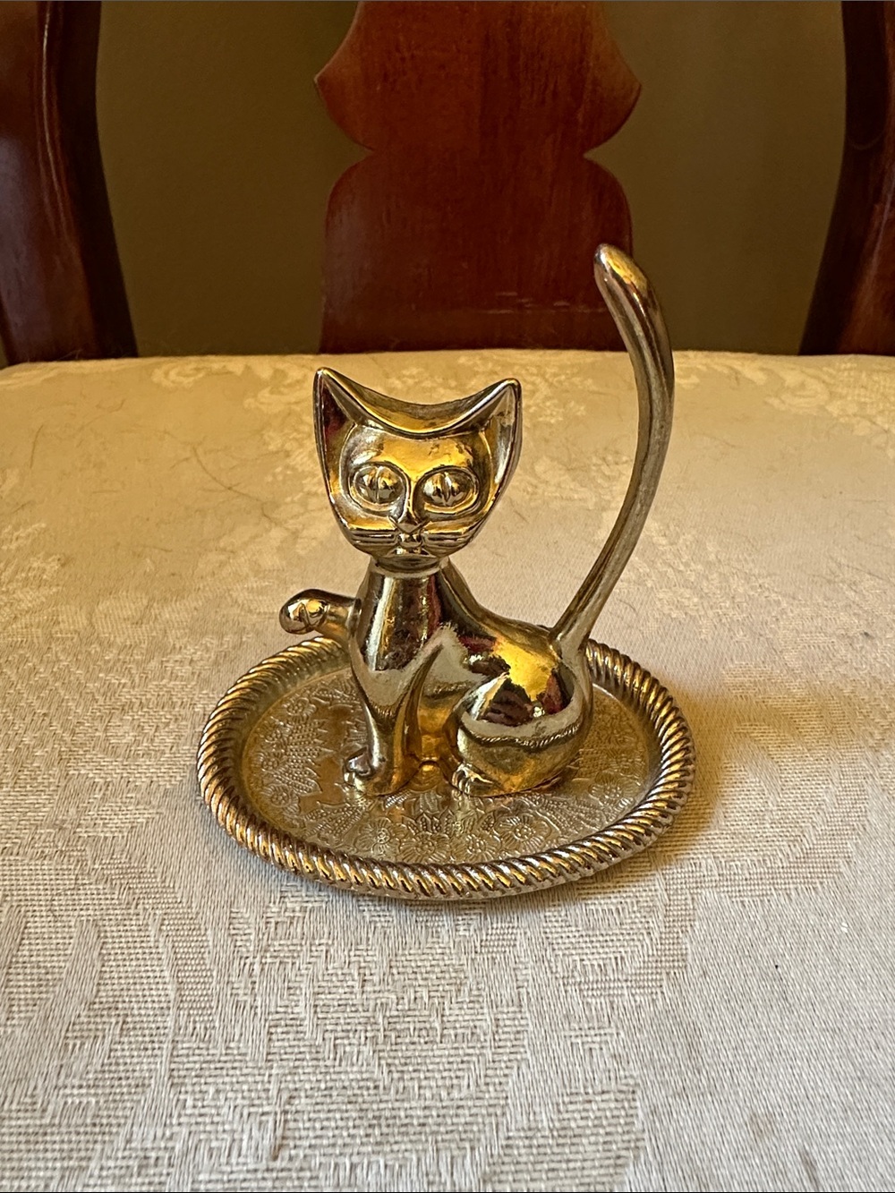 Vintage gold, silver-plated cat trinket dish ring holder with ornate tray